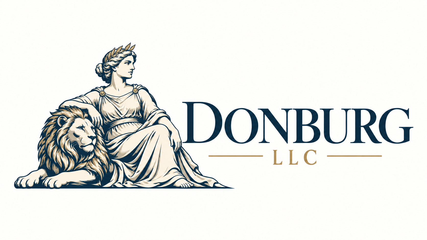 Donburg LLC: classical figure and lion in navy and gold